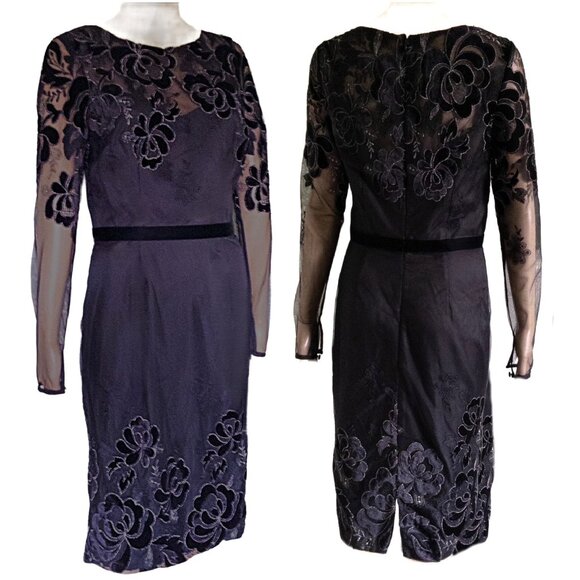 DAVID MEISTER Embroidered Sheer Mesh Overlay Long Sleeve Black Cocktail Dress - Picture 2 of 8